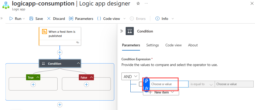Skärmbild som visar azure-portalen, förbrukningsarbetsflödesdesignern, RSS-utlösaren och villkorsåtgärden med informationsfönstret öppet och knappen dynamiskt innehåll valt.