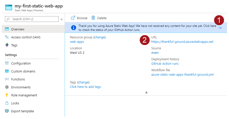 Skärmbild av översiktsfönstret för Azure Static Web Apps.