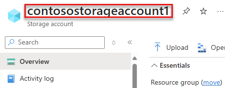 Skärmbild av Azure-portalsidan med lagringskontonamnet.