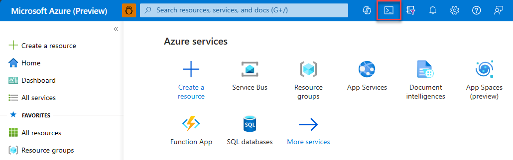 Screenshot av Azure Developer CLI-åtkomst från Cloud Shell i Azure portal.
