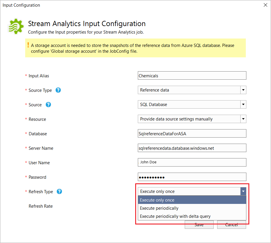 I Stream Analytics-indatakonfigurationen anges eller väljs värden från listrutor.
