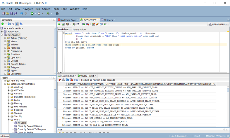 Skärmbild som visar hur du skapar ett skript med CREATE- och GRANT-instruktioner i Oracle SQL Developer.