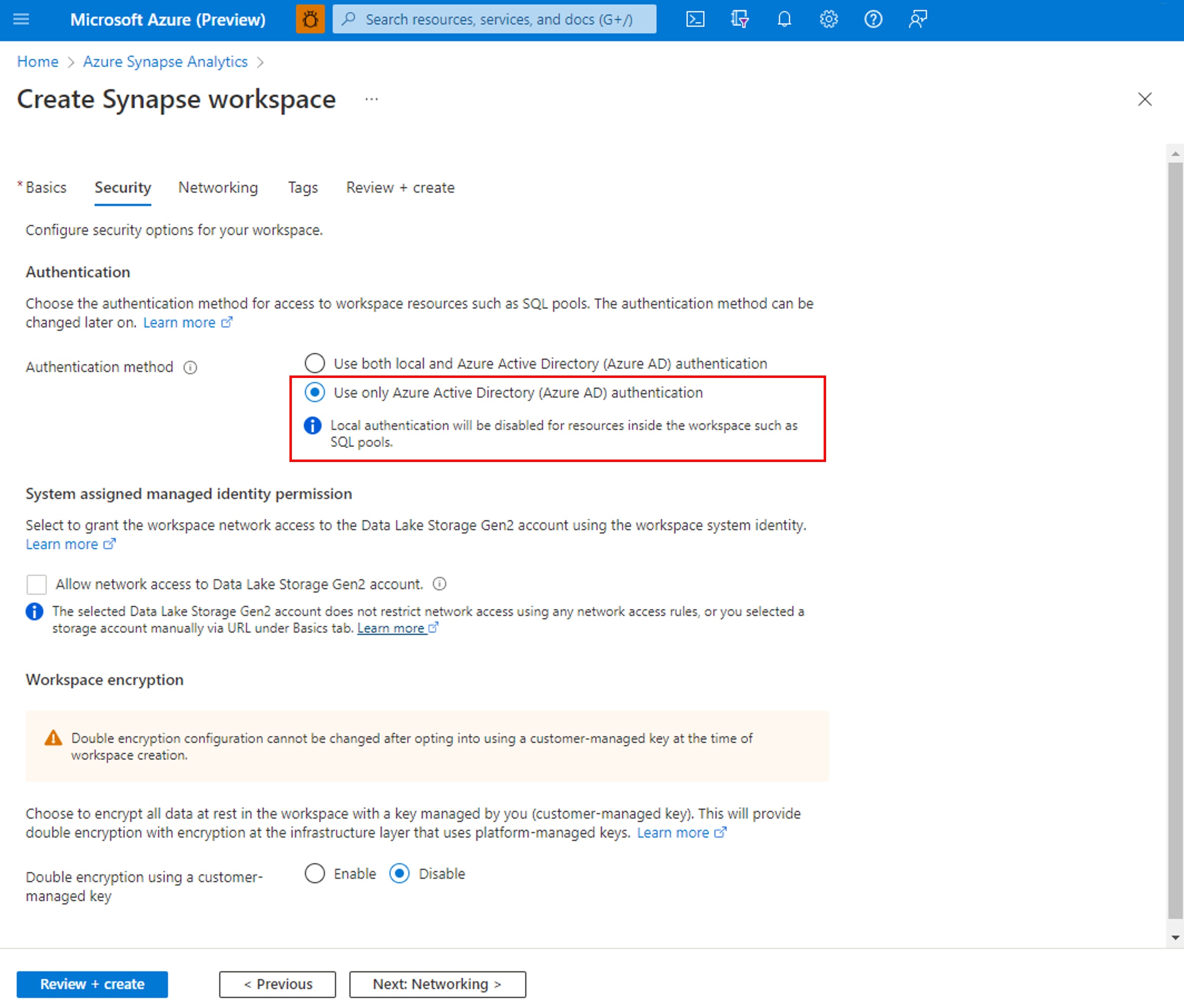 Microsoft Entra-exklusiv autentiseringskonfiguration vid skapande av arbetsyta