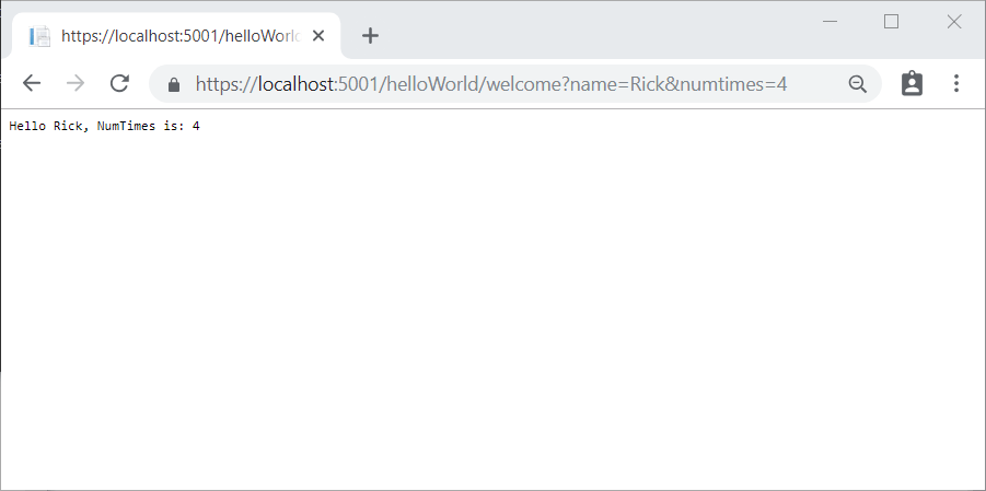 Webbläsarfönster som visar ett programsvar från Hello Rick är NumTimes: 4