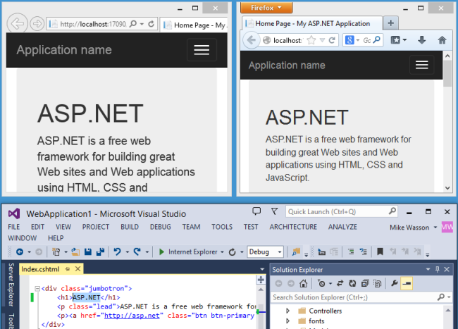 Skärmbild av ett S P dot Net-projekt, där programmet körs i två webbläsare, sida vid sida och projekt som visas nedan i Visual Studio.