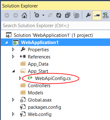 Skärmbild av dialogrutan Solution Explorer med WebAPIConfig.cs markerad i rött, i mappen App Start.