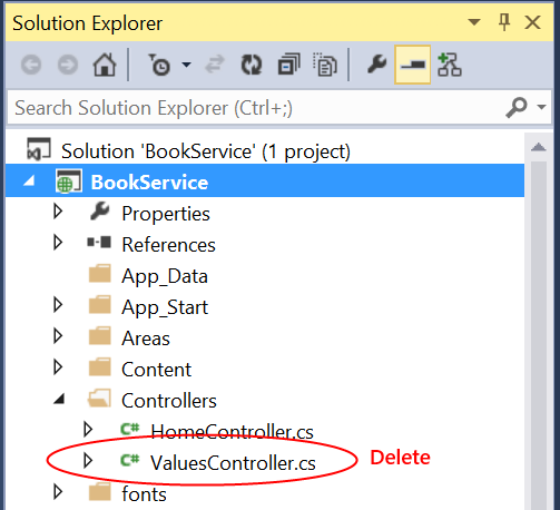 Skärmbild av Solution Explorer-fönstret som visas med filen Values Controllers dot c s markerat i rött som anger att den måste tas bort.