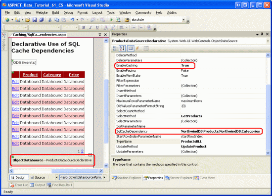 Konfigurera ObjectDataSource för att stödja cachelagring med SQL Cache-beroenden för produkter och kategorier