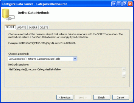 Bind ObjectDataSource med metoden GetCategories som tillhör CategoriesBLL