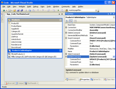 TableAdapter har egenskaper för InsertCommand, UpdateCommand och DeleteCommand