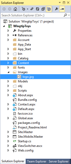 Skärmbild av Solution Explorer-fönstret med mappen Bilder öppen som innehåller den uppdaterade projektfilen med namnet logo.jpg.