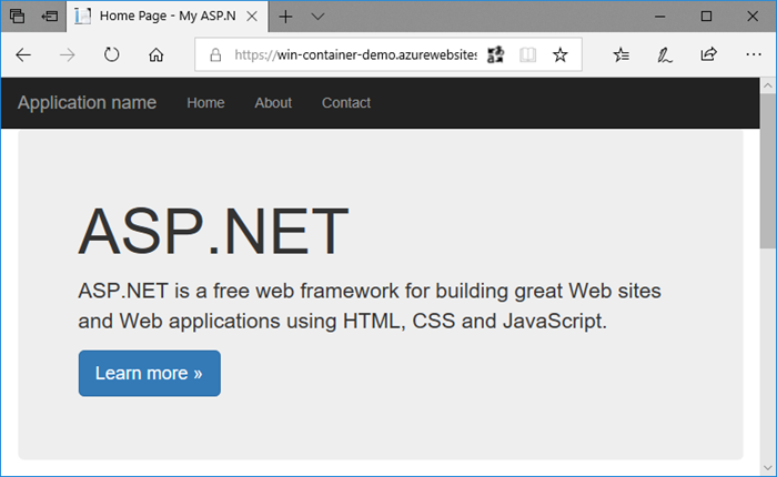 Skärmbild som visar en anpassad Windows-container som körs.