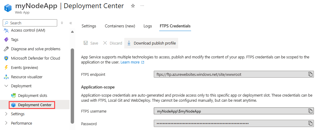 Skärmbild som visar fliken autentiseringsuppgifter för FTPS-distribution.