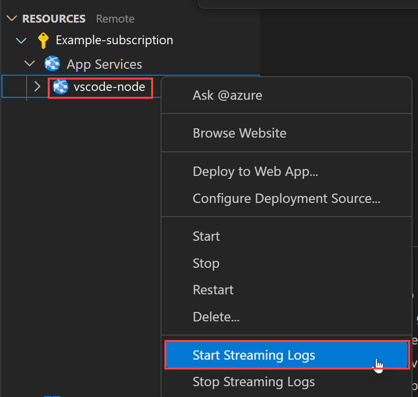 Skärmbild av alternativet för att starta direktuppspelningsloggar.