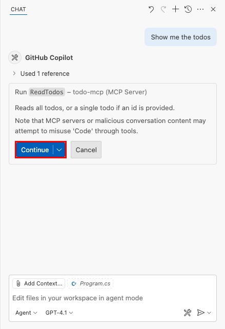 Skärmbild som visar standardsäkerhetsmeddelandet från ett MCP-anrop i GitHub Copilot Chat.
