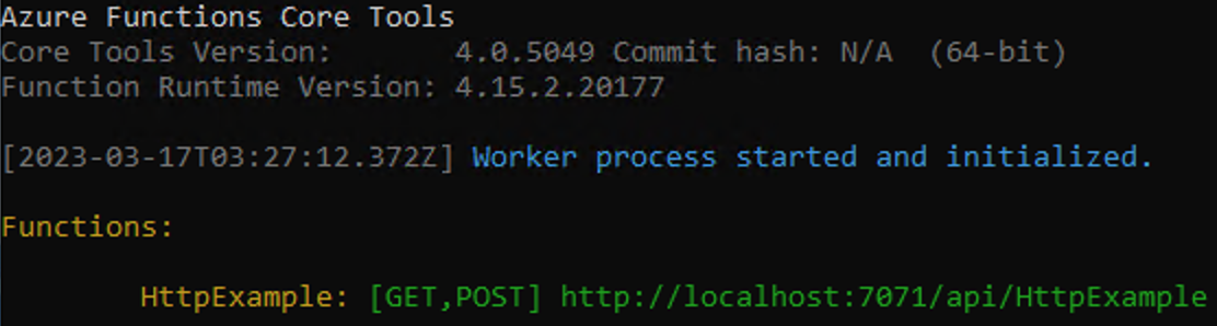 Skärmbild av terminalfönsterutdata när funktionen körs lokalt.