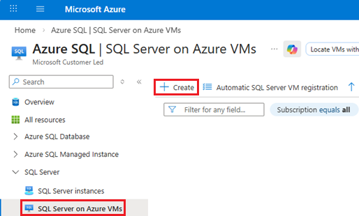 Skärmbild av sidan SQL Server på virtuella Azure-datorer från Azure SQL Hub-sidan i Azure-portalen med knappen +Skapa.