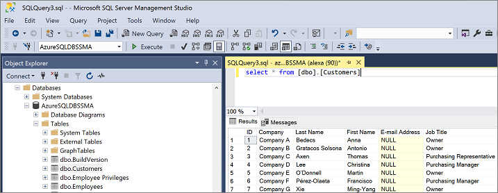 Skärmbild av SQL Server Management Studio Object Explorer för validering av migreringen i SSMA.
