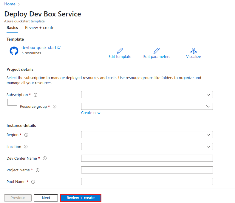 Skärmbild av fliken Grundläggande i mallen Kom igång med fält för prenumeration, resursgrupp och regionval.