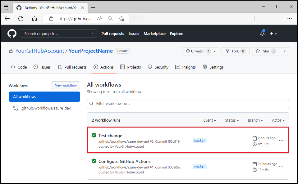 Skärmbild av GitHub arbetsflöde som körs efter testuppdatering.