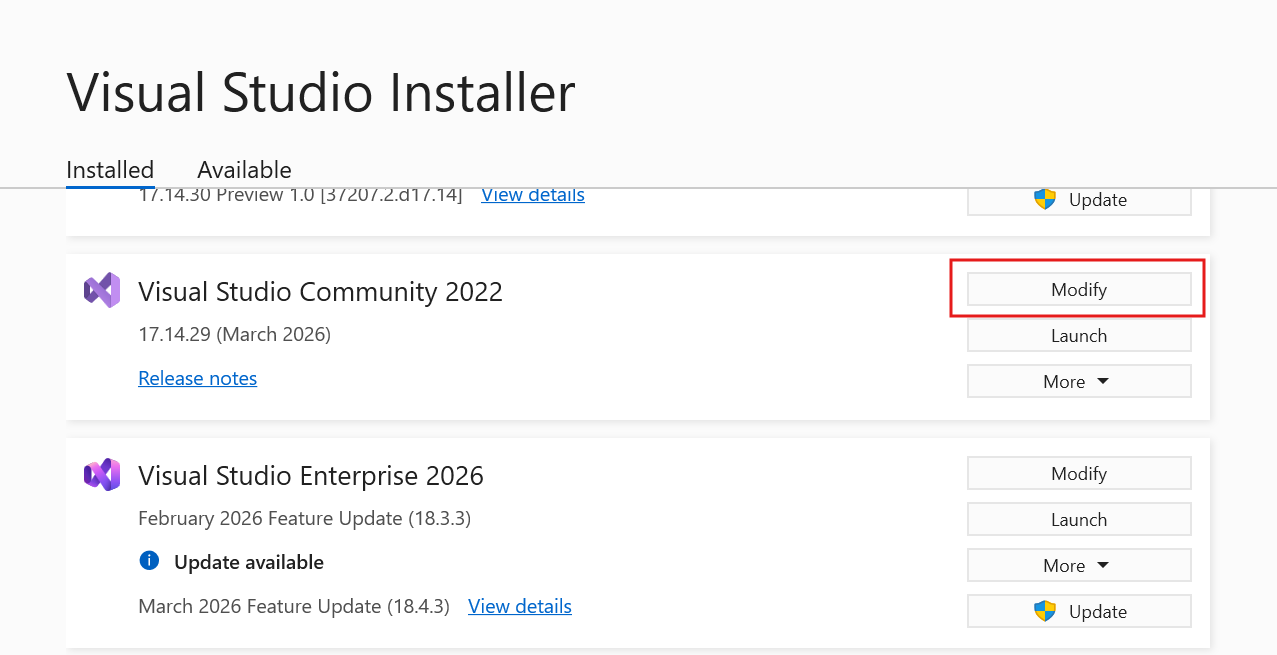 Screenshot som visar Visual Studio Installationsprogrammet med knappen Ändra markerad.