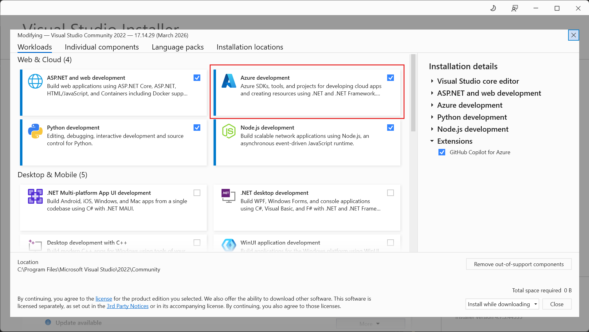 Screenshot som visar Visual Studio Installer med knappen Azure utveckling markerad.