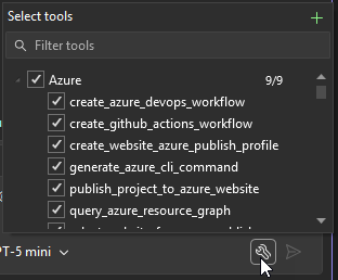 Skärmbild av chattfönstret med knappen Välj verktyg klickad i Visual Studio 2026.