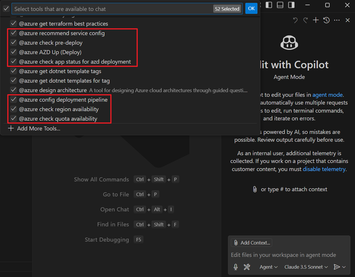 Skärmbild av den valda GitHub Copilot för Azure-verktyg.