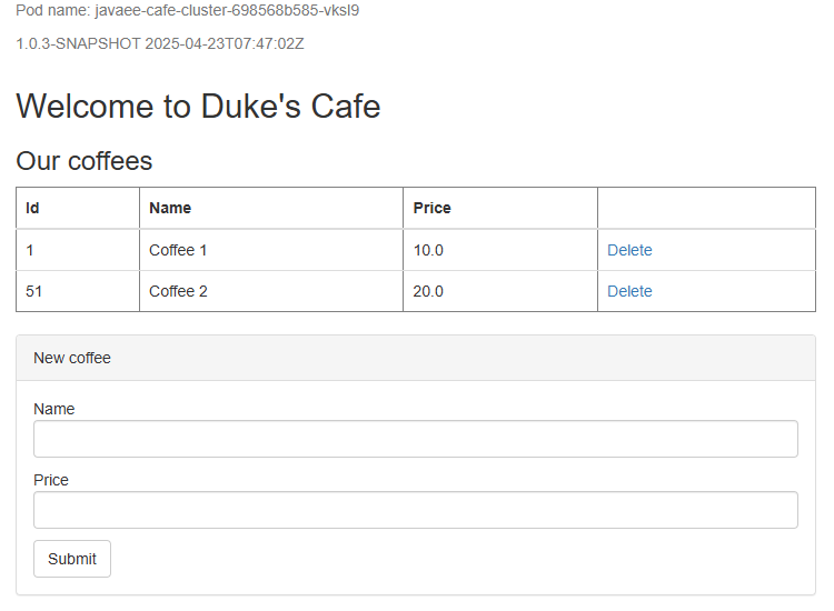 Skärmbild av startsidan för Java Liberty-programmet.