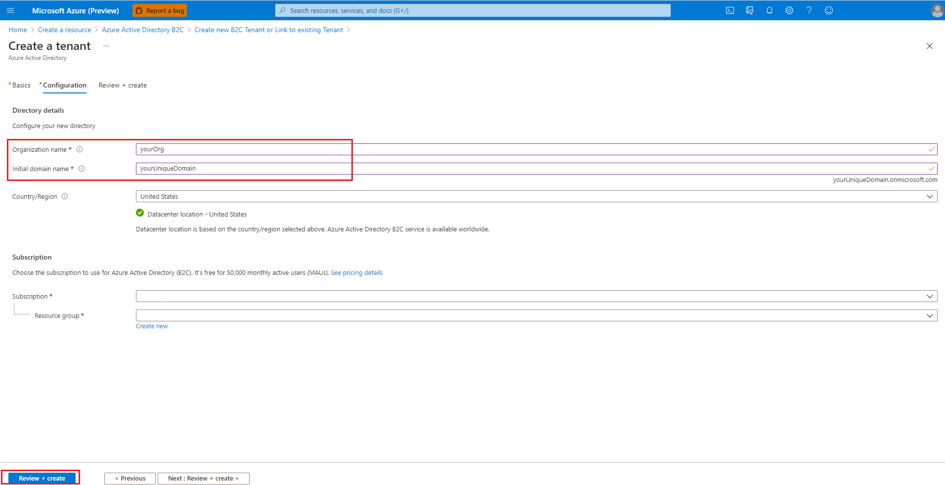 skärmen Skapa klientorganisation i Azure AD B2C.