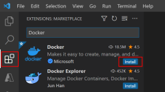 Skärmbild som visar hur du lägger till Docker-tillägget i VS Code.