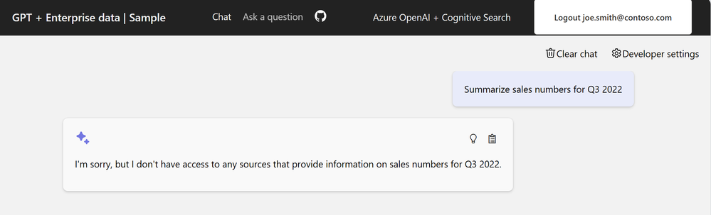 Skärmbild som visar chattappen med ett svar som anger att användaren inte har åtkomst till data.