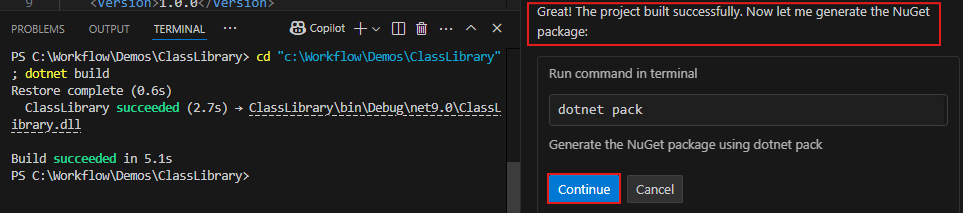 En skärmbild som visar uppmaningen att be om bekräftelse för att generera NuGet-paketet.