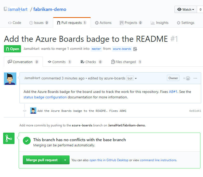Screenshot visar exemplet på pull-begäran i GitHub.