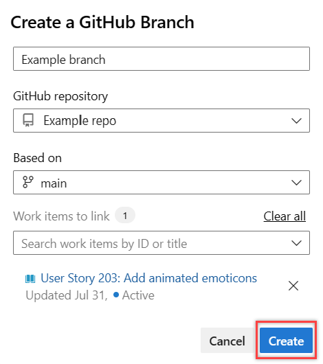 Skärmbild av dialogrutan Skapa en GitHub-gren.