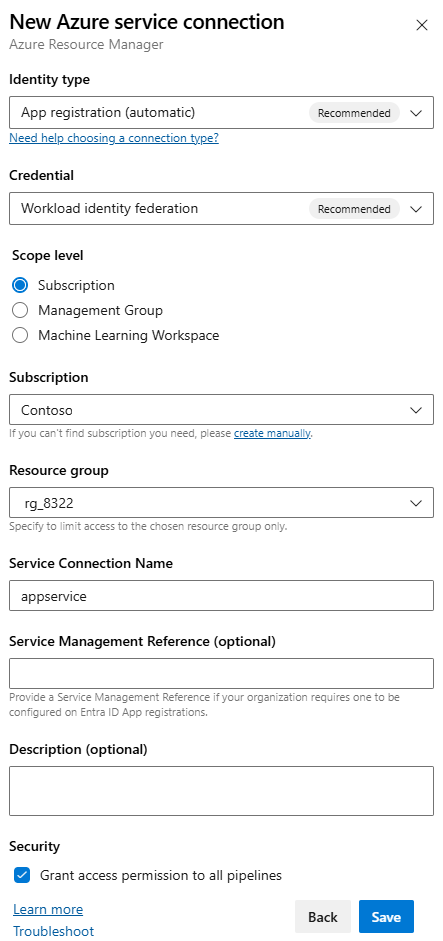 Skärmbild av dialogrutan Ny Azure-tjänstanslutning.