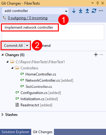 Skärmdump av alternativet 'Utför alla ändringar' i fönstret 'Git-ändringar' i Visual Studio.