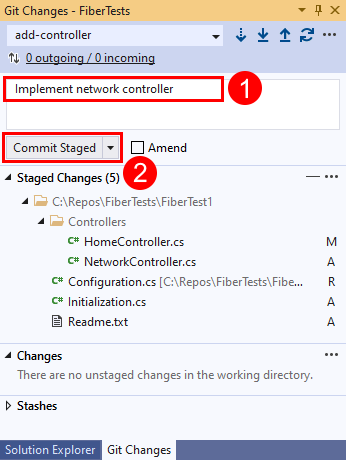 Skärmbild som visar länken för kommittinformation i Visual Studio.