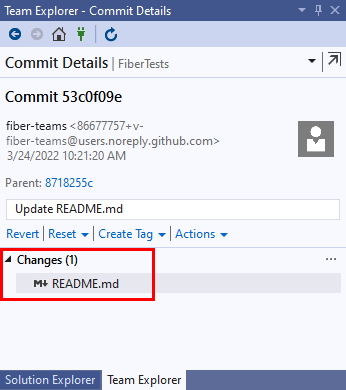 Skärmbild av fönstret Commit-detaljer i Visual Studio 2019.
