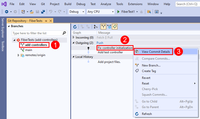 Skärmbild av menyalternativet 'Visa commit-detaljer' för en commit i fönstret 'Git Repository' i Visual Studio.