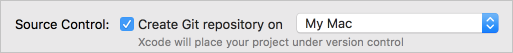 Skärmbild som visar hur du skapar en Git-lagringsplats när Xcode-projektet skapas.
