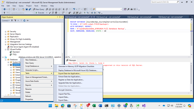 Skärmbild som visar markerade knappar för val av Export Data Tier Application.