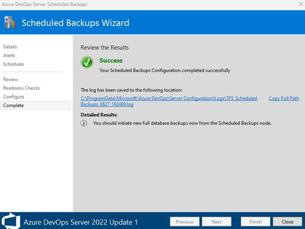 Skärmbild som visar lyckad säkerhetskopieringskonfiguration.