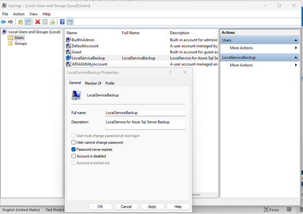 Skärmbild som visar nyskapade lokala användare och åtkomst.