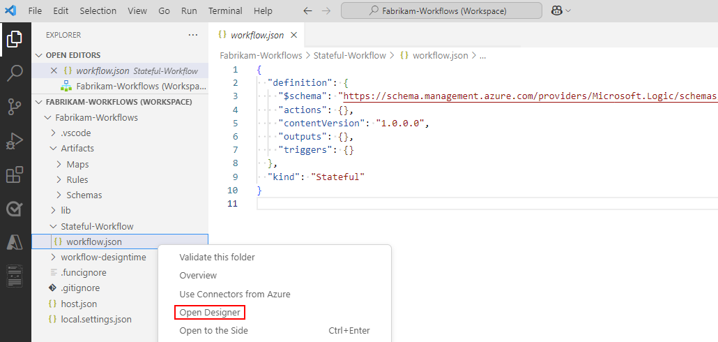 Skärmbild som visar Explorer-fönstret, workflow.json snabbmenyn för filen och Open Designer valt.