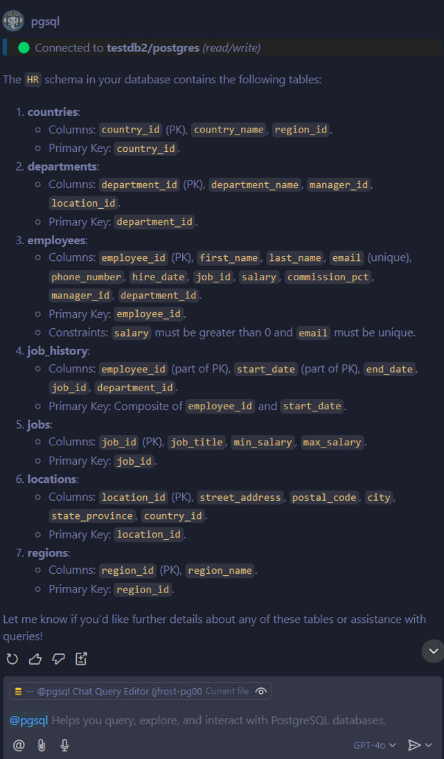 Skärmbild av Copilot Chat-svar som visar en detaljerad uppdelning av tabeller och kolumner i HR-schemat för en PostgreSQL-databas.