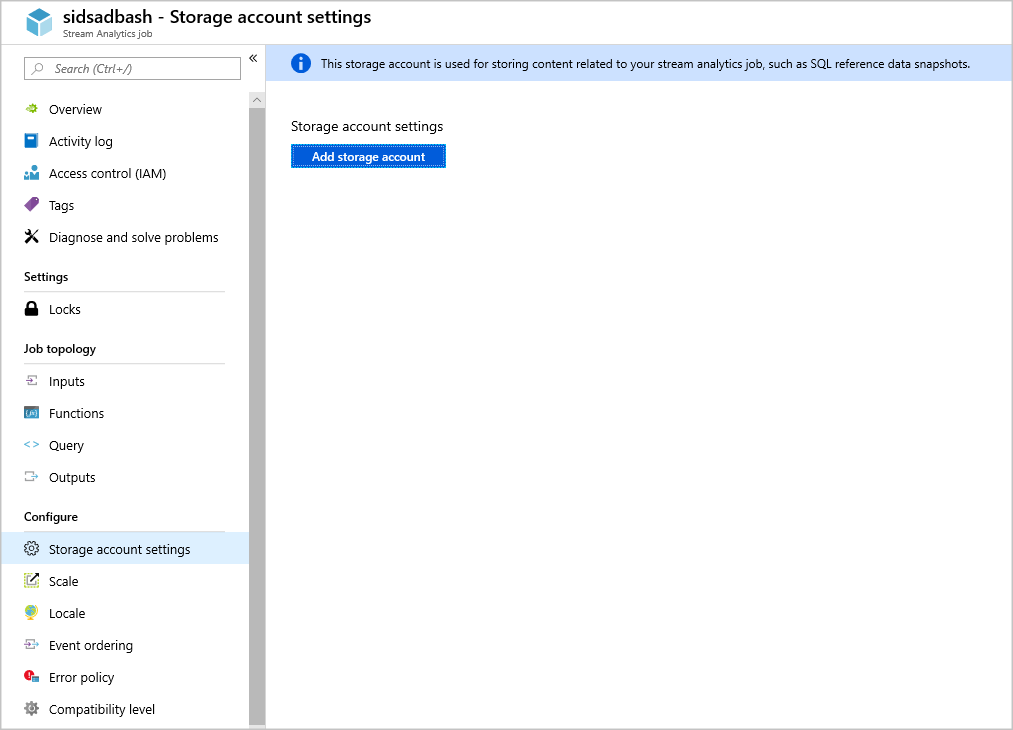 Inställningar för lagringskonto har valts i den vänstra rutan. Det finns knappen Lägg till lagringskonto i den högra rutan.