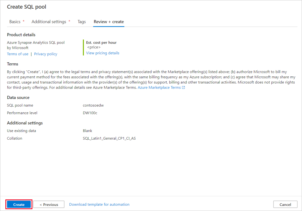 En skärmbild av fliken Skapa flöde för SQL-pool – granska inställningar.