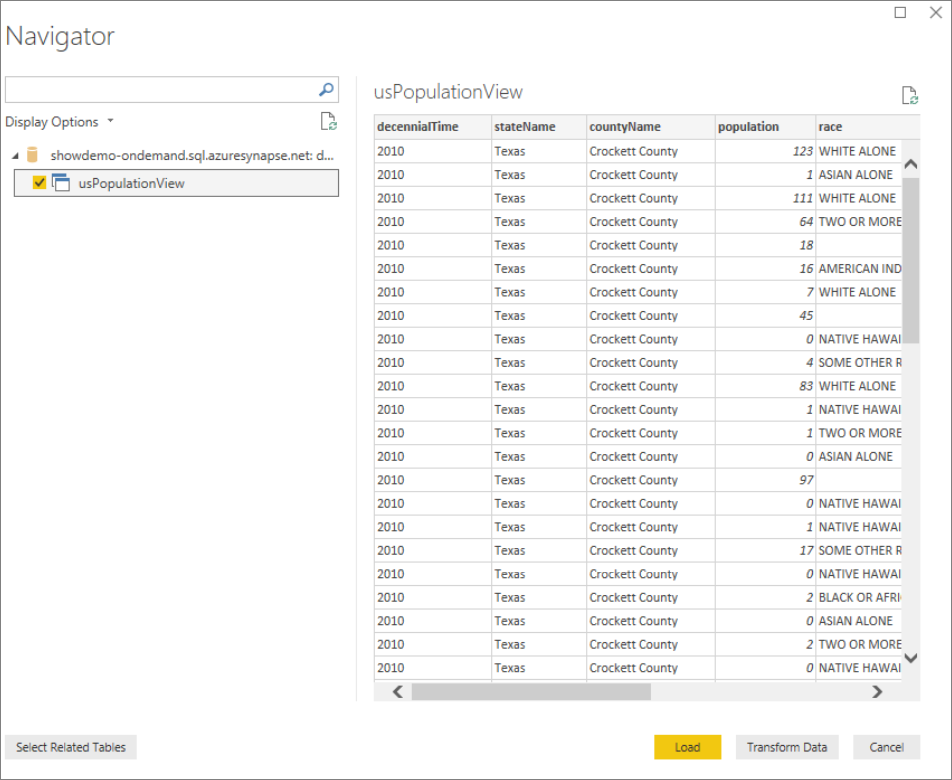 Välj en vy i databasen som är markerad.
