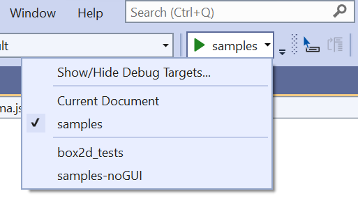 Skärmbild av visual studio-felsökningsmenyn.